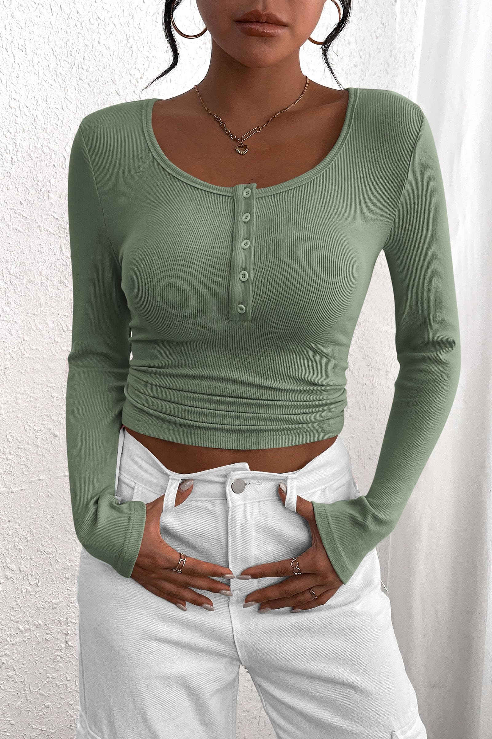 PRETTYGARDEN Women's Fall Long Sleeve Henley T Shirts Button Ribbed Knit Slim Fit Basic Tops Blouse Casual Outfits