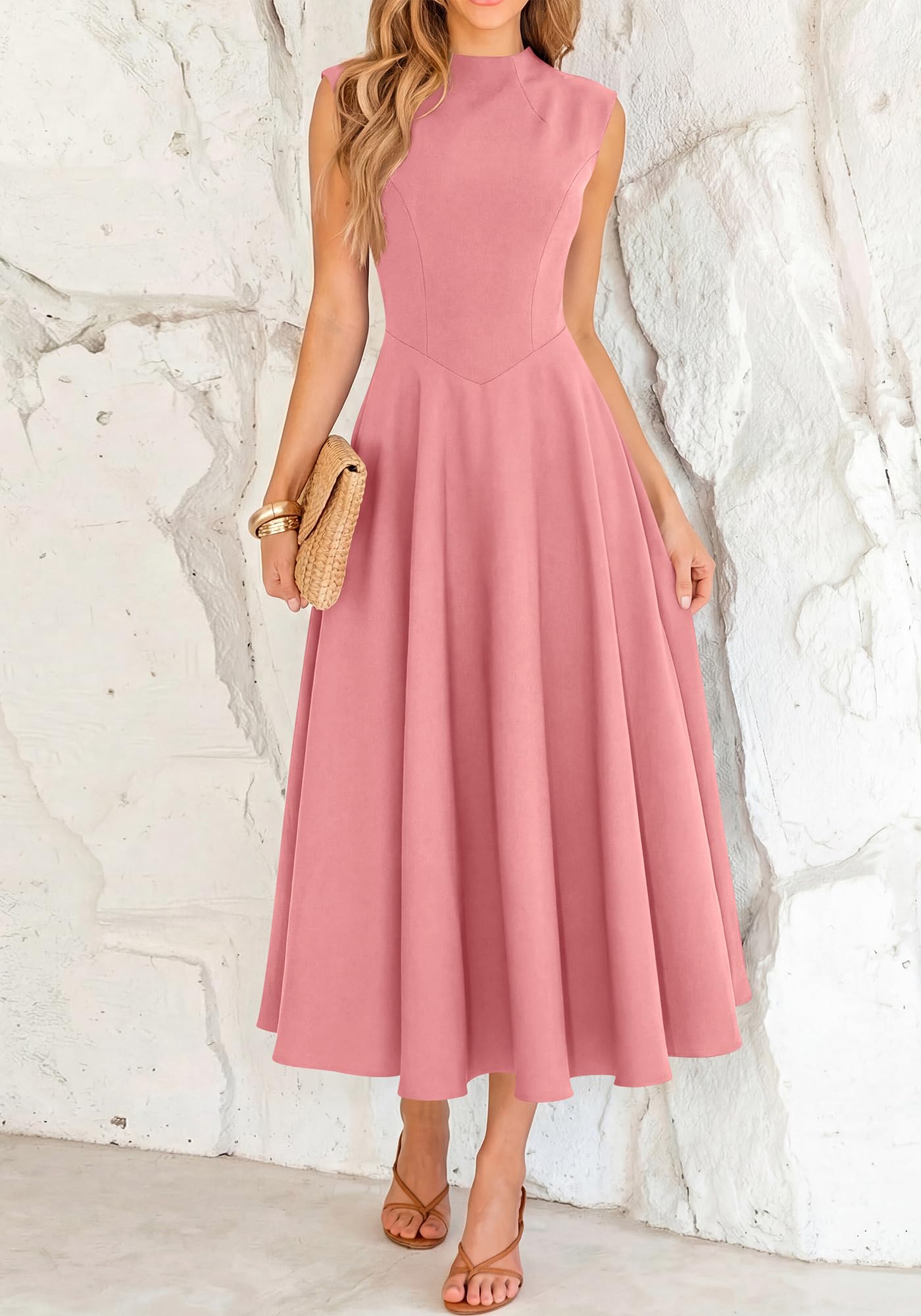 BTFBM Summer Dresses for Women Mock Neck Sleeveless High Waist Flowy Aline Maxi Spring Wedding Guest Dress Cocktail
