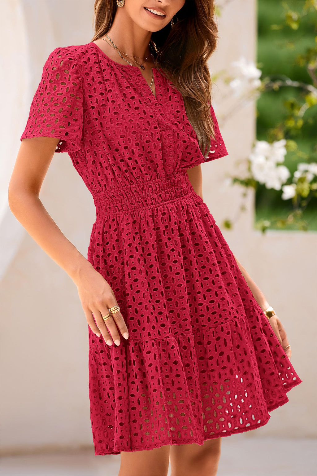 PRETTYGARDEN Womens Summer Short Dress V Neck Short Sleeve A Line Hollow Out Lace Ruffle Cute Casual Beach Party Dresses