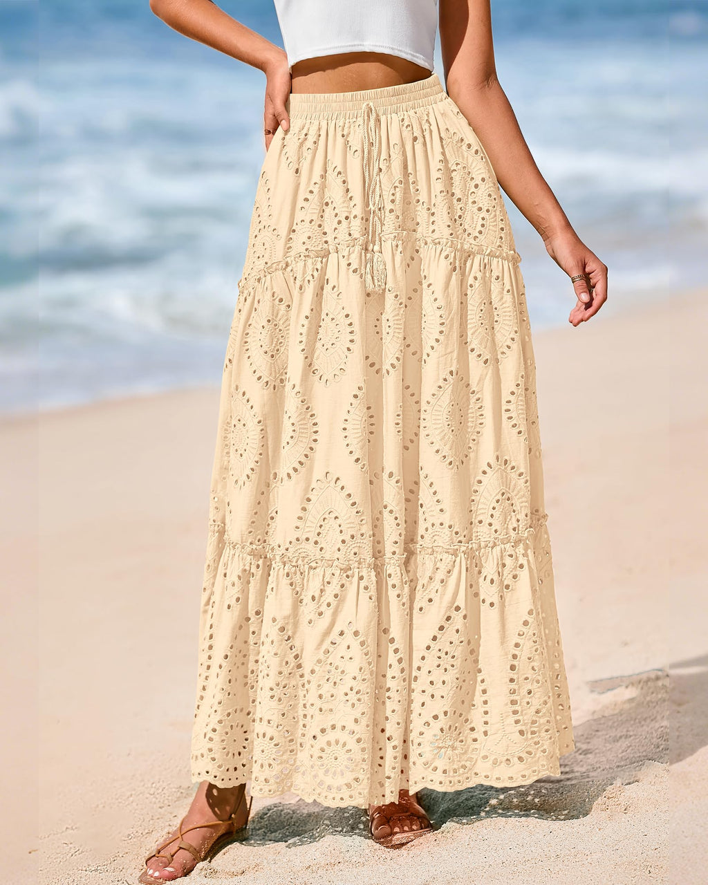 BTFBM Long Skirts for Women Summer Boho Lace Embroidery High Waist Flowy Tiered Spring Maxi Skirt Beach Vacation