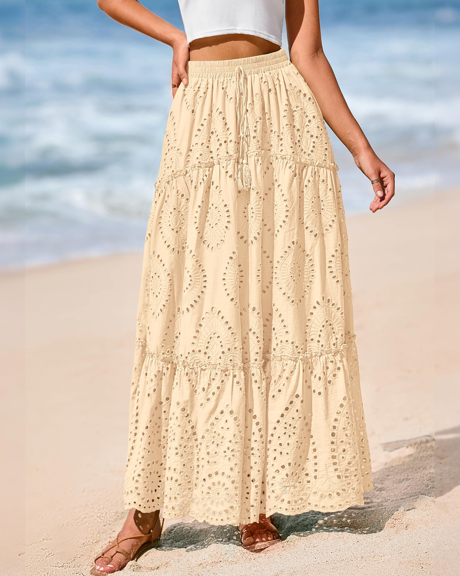 BTFBM Long Skirts for Women Summer Boho Lace Embroidery High Waist Flowy Tiered Spring Maxi Skirt Beach Vacation