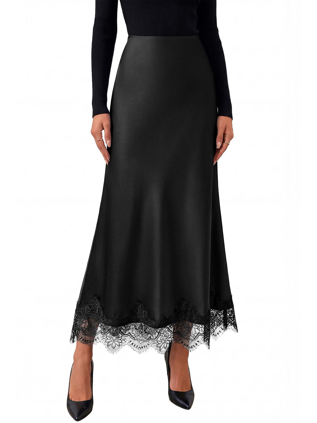 BTFBM Lace Trim Satin Skirts for Women Elegant | Lightweight, High Waist, A-Line, Flowy Maxi Skirt, Wedding, Cocktail, Graduation, Holiday Outfits, Fall Fashion Clothing