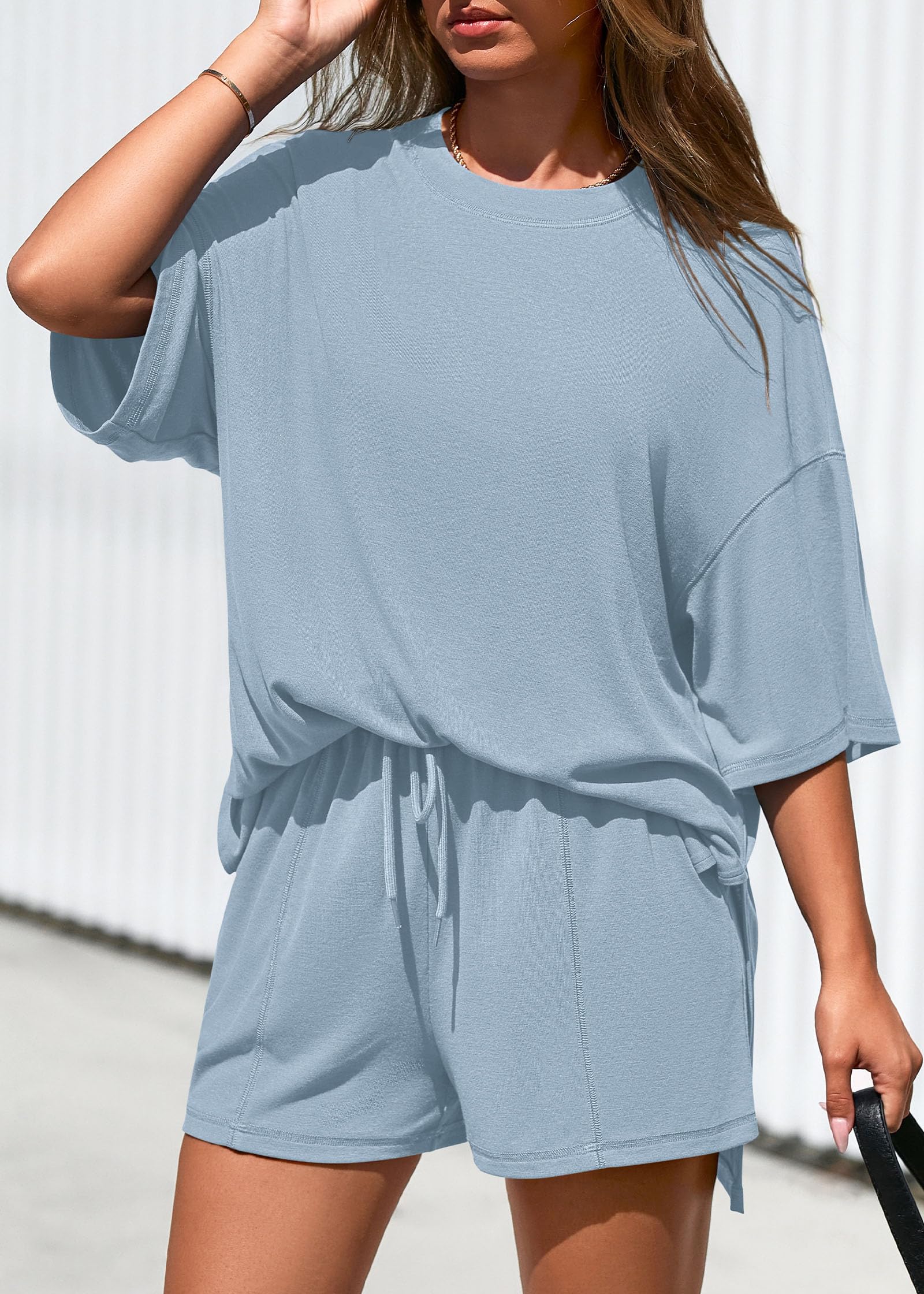 FreshPretty 2 Piece Sets for Women Summer Lounge Sets Casual Oversized Tshirts Shorts Matching Airport Travel Outfits Postpartum