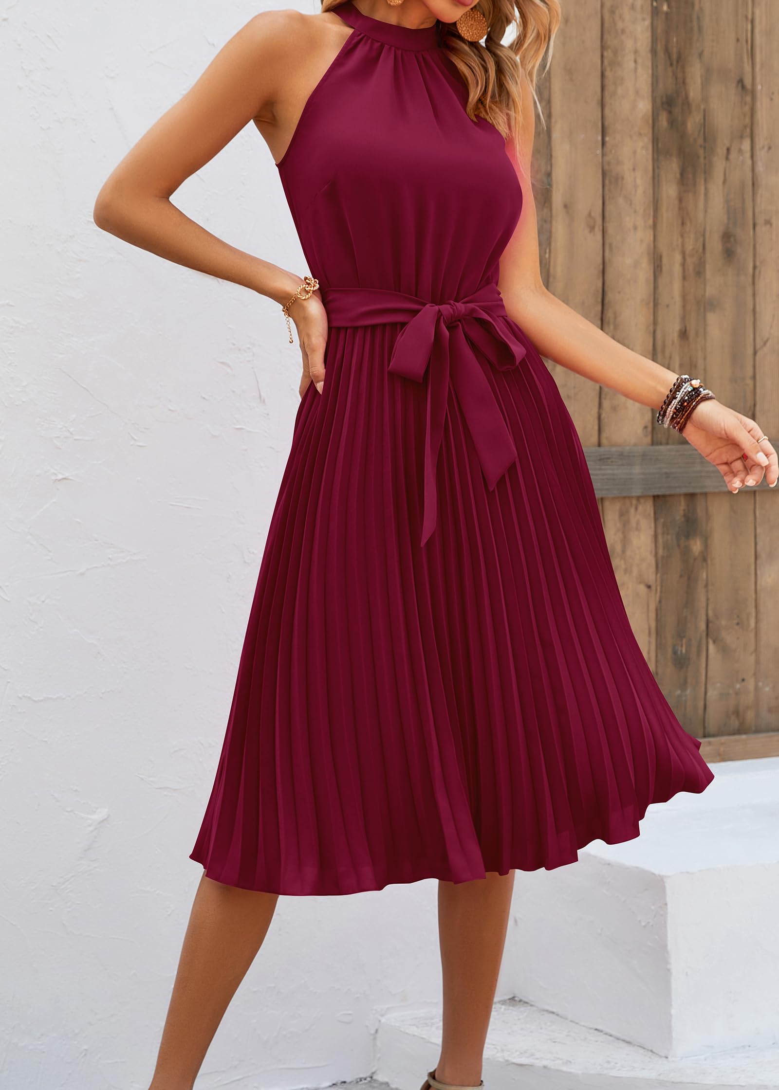 FreshPretty Women's Summer Sleeveless Halter Neck Pleated Midi Cocktail Dresses A Line Flowy Beach Sun Dress with Belt