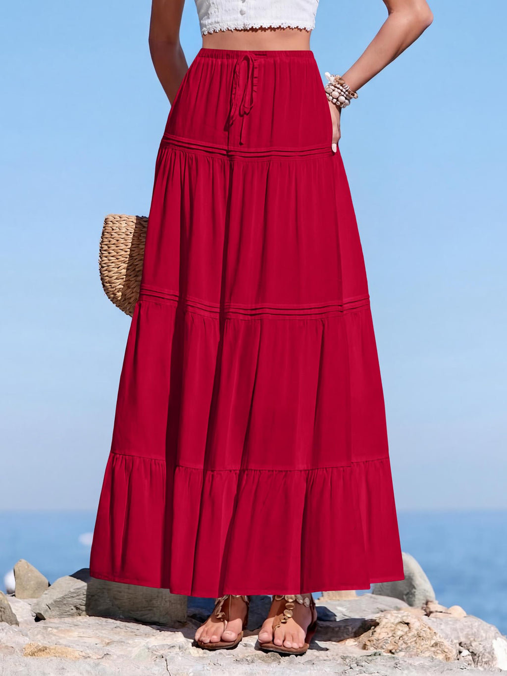BTFBM Spring Skirts for Women Summer Boho Beach Vacation Clothes Casual Pleated High Waisted Flowy Maxi Skirt