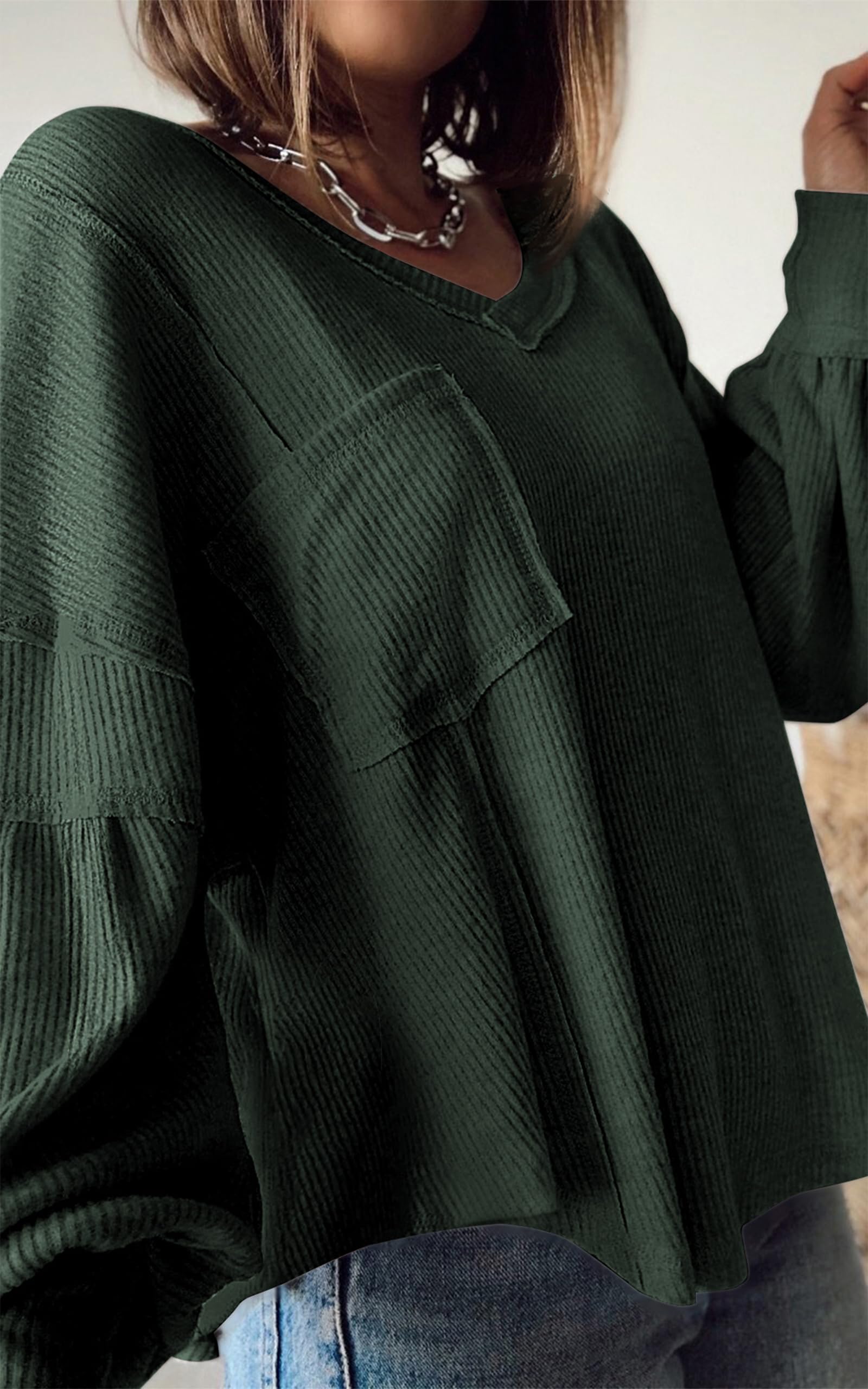 FreshPretty Womens Fall Fashion Long Sleeve Shirts Casual V Neck Ribbed Knit Blouses Pullover Trendy Loose Fit Tunic Tops