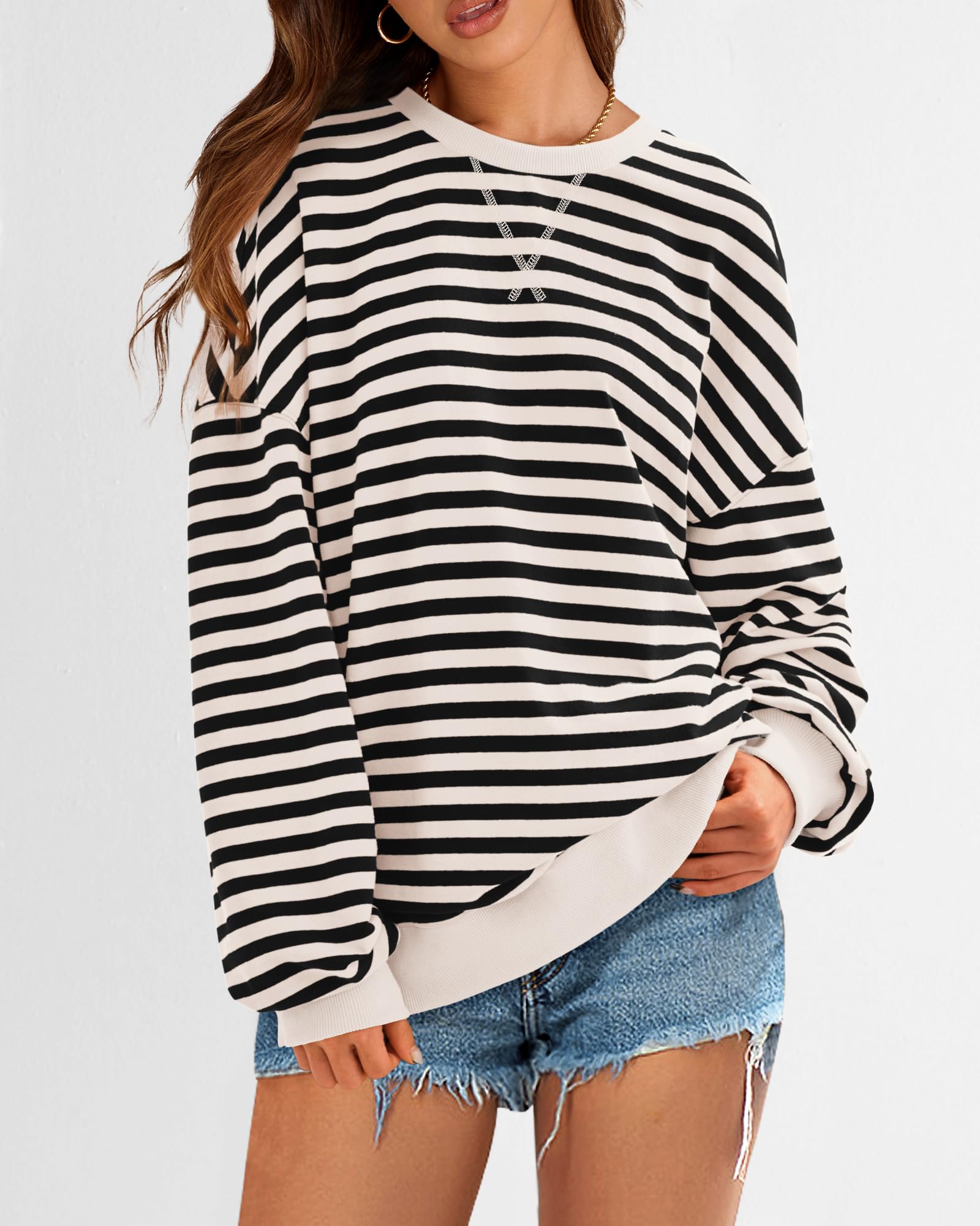 BTFBM Sweatshirt For Women Summer Crewneck Long Sleeve Oversized Striped Pullover Tops Y2K Clothes Workout Shirt
