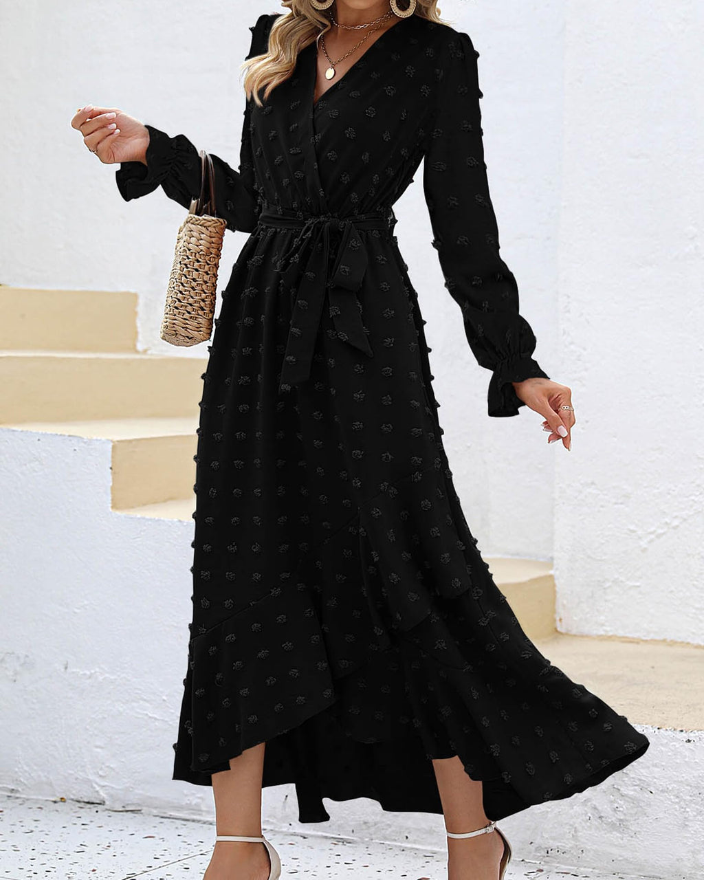 FreshPretty Long Sleeve Maxi Dresses for Women V Neck Swiss Dot Boho Flowy Slit Cocktail Wedding Guest Dress Fall Clothes