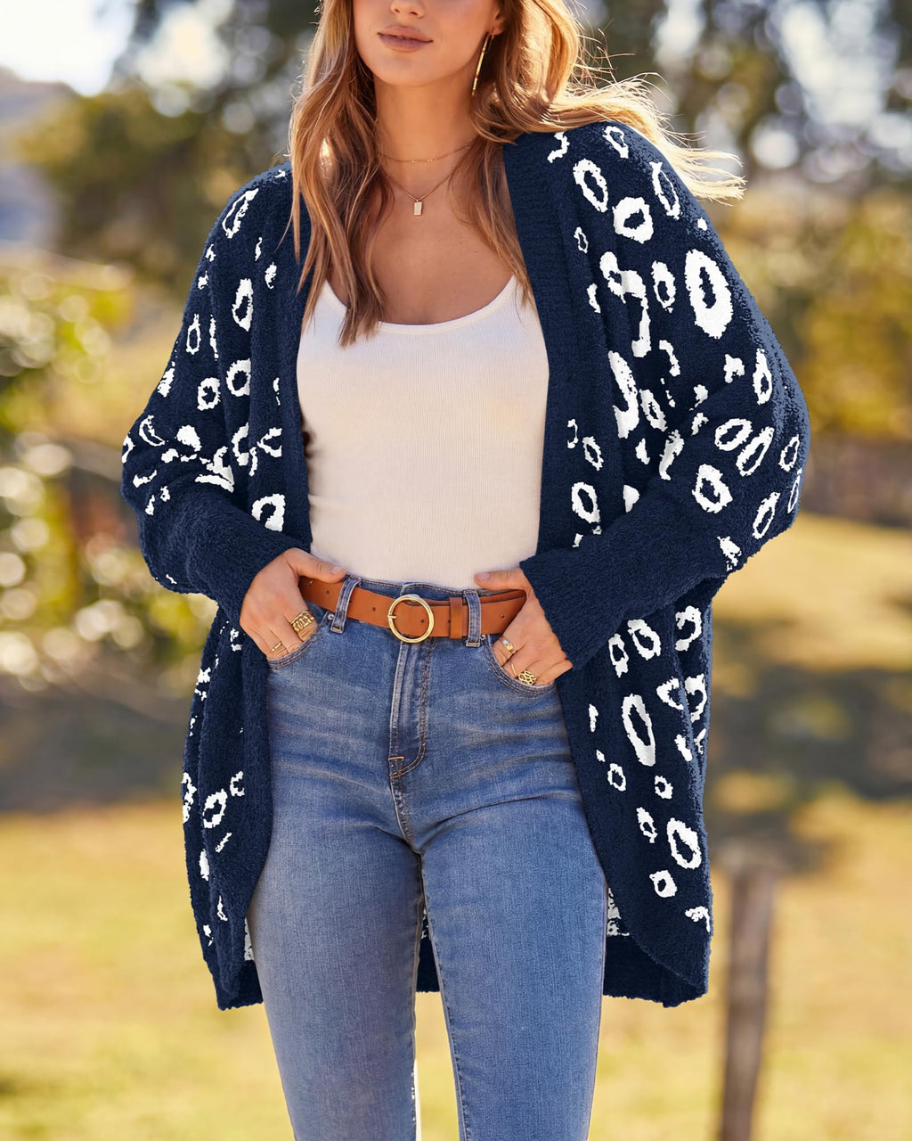 BTFBM Leopard Cardigan for Women Long Sleeve Open Front Cardigans Sweaters Pockets Loose Knit Fall Spring Outwear