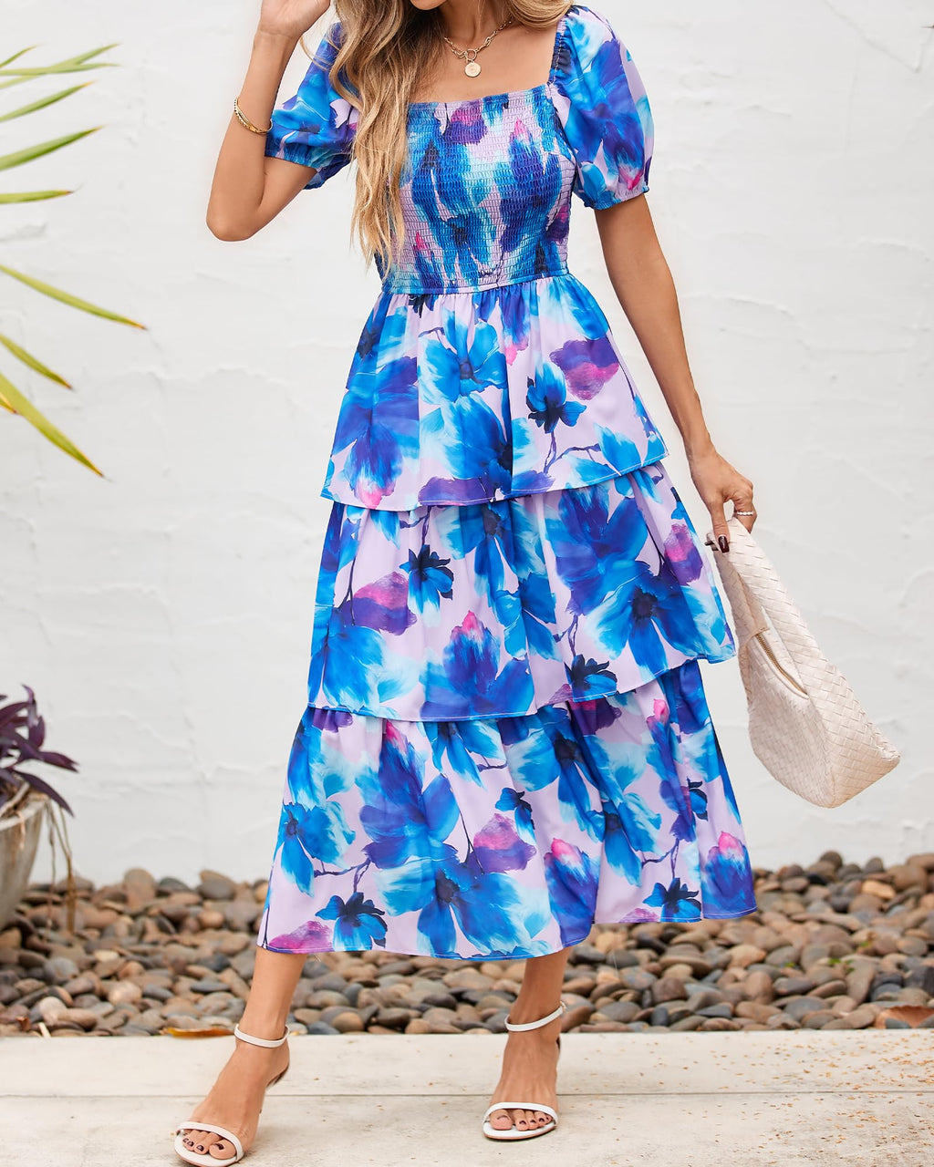 BTFBM Womens Square Neck Smocked Dress Summer Puff Short Sleeve Floral Casual Ruffle Tiered Maxi Wedding Guest Dresses