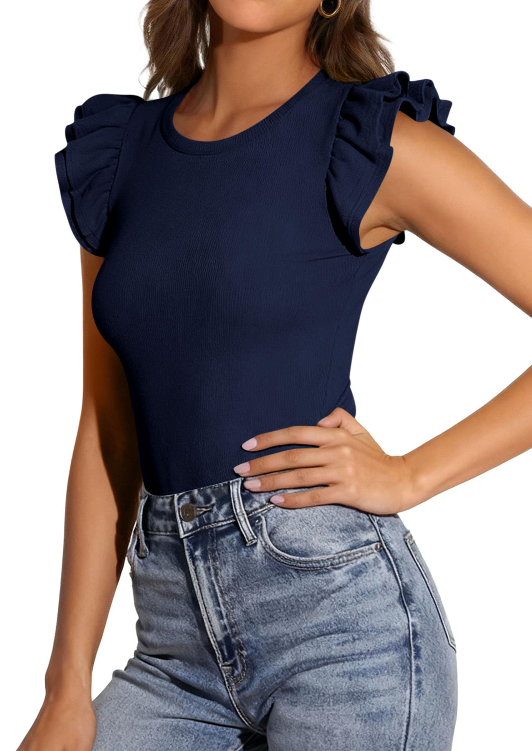 PRETTYGARDEN Womens Summer Crew Neck T Shirts Trendy Ruffle Sleeve Slim Fit Knit Going Out Tops Casual Spring Clothes
