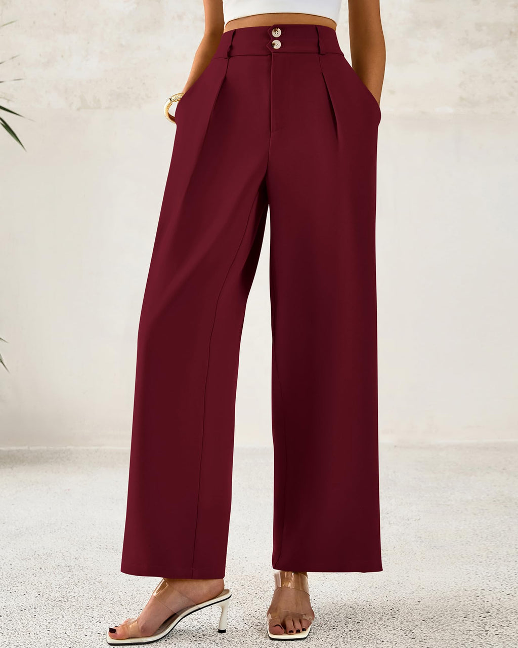 BTFBM Women Wide Leg Dress Pants High Waisted Button Pleated Business Casual Trousers Office Work Palazzo Pants