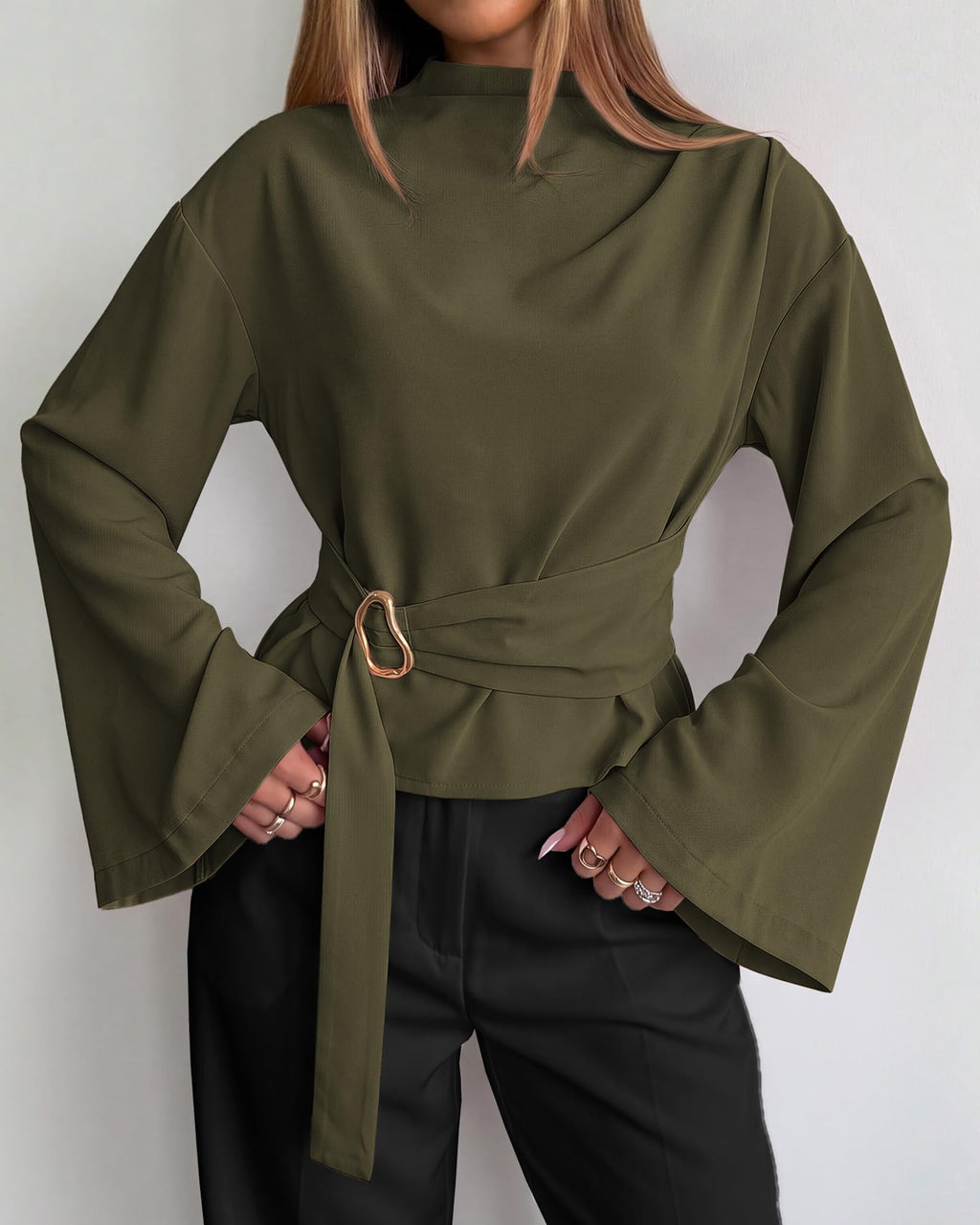 BTFBM Women Business Casual Blouses Bell Long Sleeve Tie Waist Top Mock Neck Back Zipper Shirt, Elegant Dressy Buckle Tunic, Going Out Tops, Work Office Shirts, Early Fall Fashion