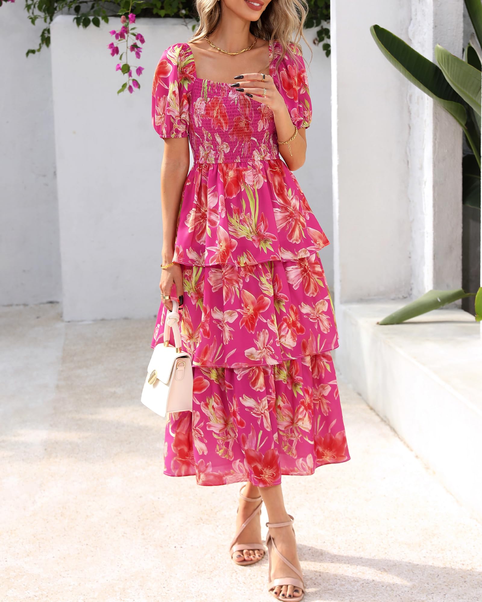 BTFBM Womens Square Neck Smocked Dress Summer Puff Short Sleeve Floral Casual Ruffle Tiered Maxi Wedding Guest Dresses