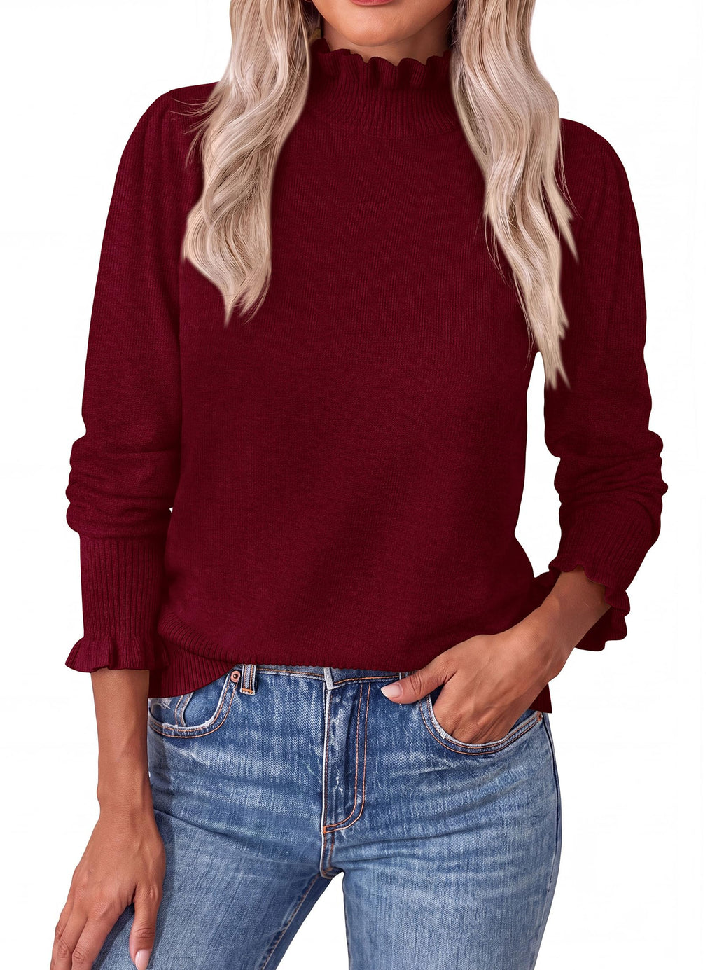 PRETTYGARDEN Women's Fall Cozy Sweaters Trendy Ruffle Mock Neck Pullover Soft Stretchy Warm, Ribbed Knit, Cute Tops, Puff Long Sleeve Blouses, Dressy Casual Shirts,Winter Clothing