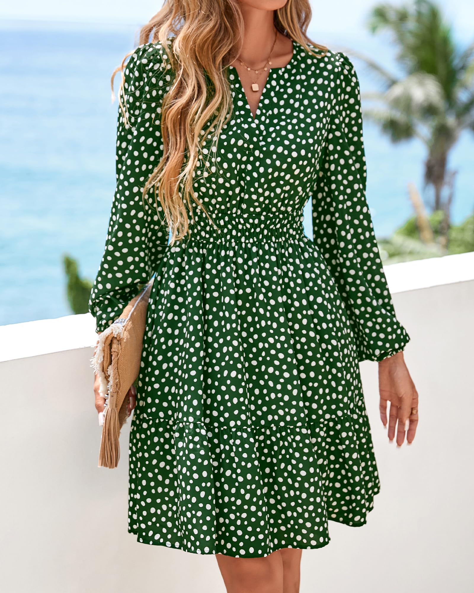 BTFBM Spring Dresses for Women Mini Long Sleeve Elastic Waist Summer Vacation Outfits Floral Wedding Guest Dress