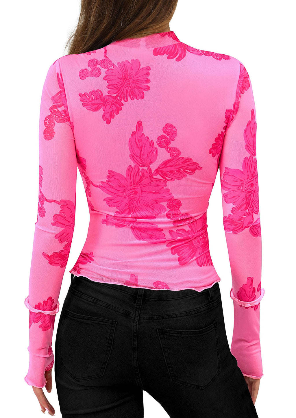 PRETTYGARDEN Womens Fall Mesh Floral Blouses Long Sleeve Going Out Tops Slim Fitted Shirts Date Night Outfits