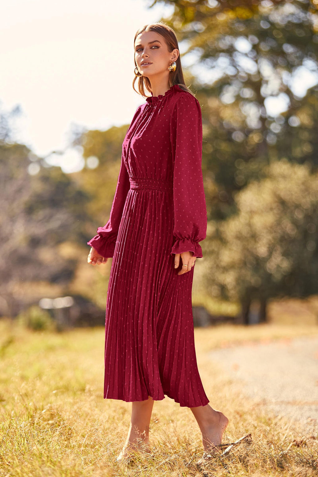 PRETTYGARDEN Women's Spring Fall Midi Dress Casual Long Sleeve V Neck Swiss Dot Pleated A Line Flowy Dresses