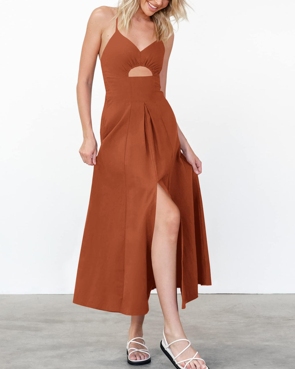 BTFBM Women Spaghetti Strap Midi Summer Dresses Sleeveless V Neck Cutout Slit Casual Beach Party Maxi Dress Pockets