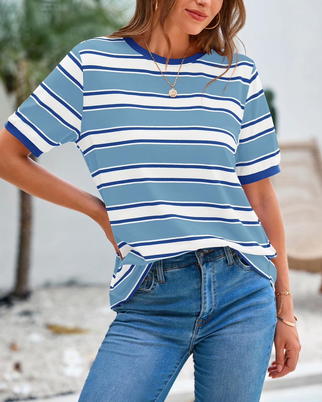 BTFBM Summer Tops for Women Crewneck Short Sleeve Striped T Shirts Casual Spring Clothes Color Block Basic Tee Blouses
