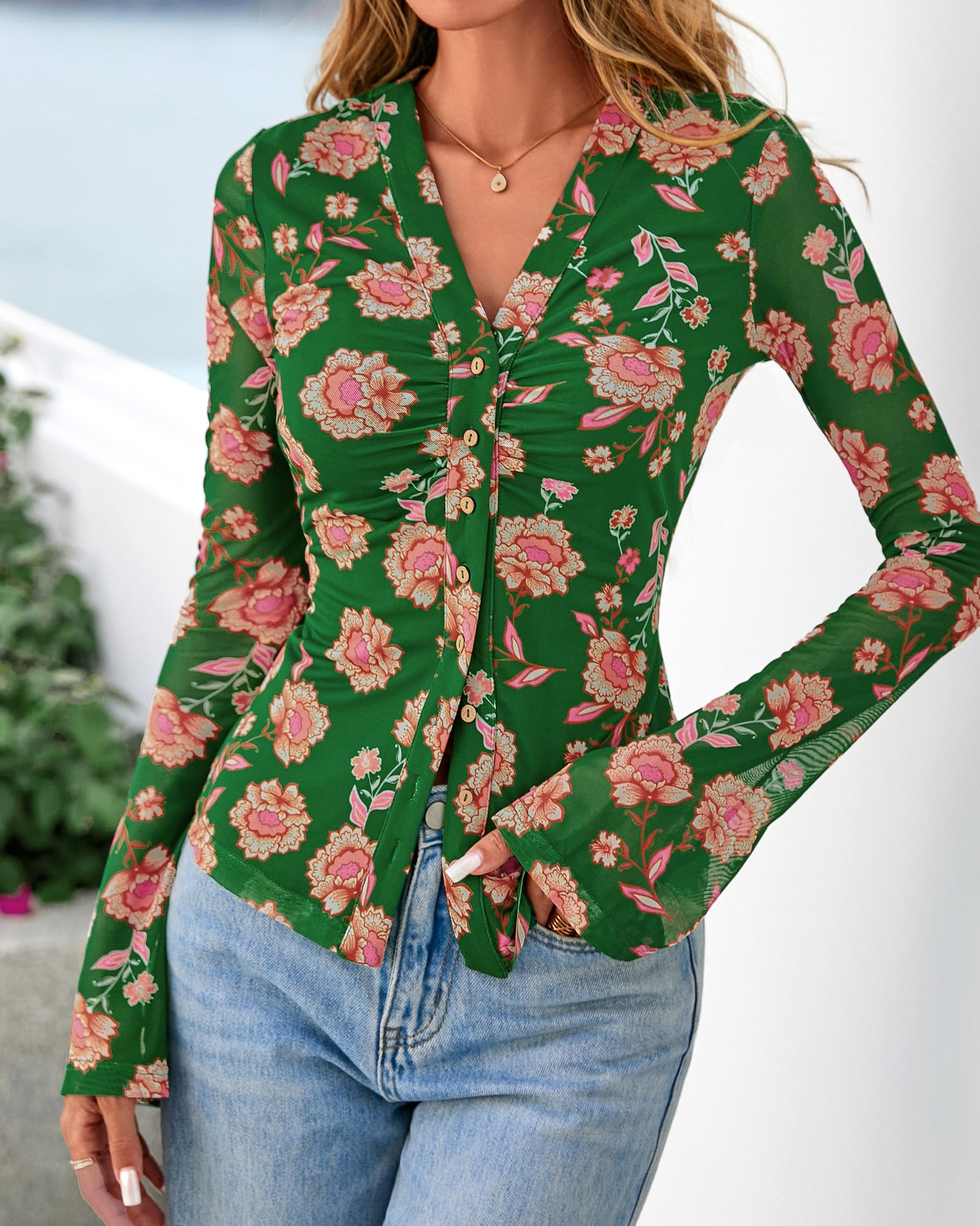 BTFBM Button Down Shirts for Women Spring Boho Tops V Neck Long Sleeve Blouses Ruched Mesh Fitted Fall Fashion