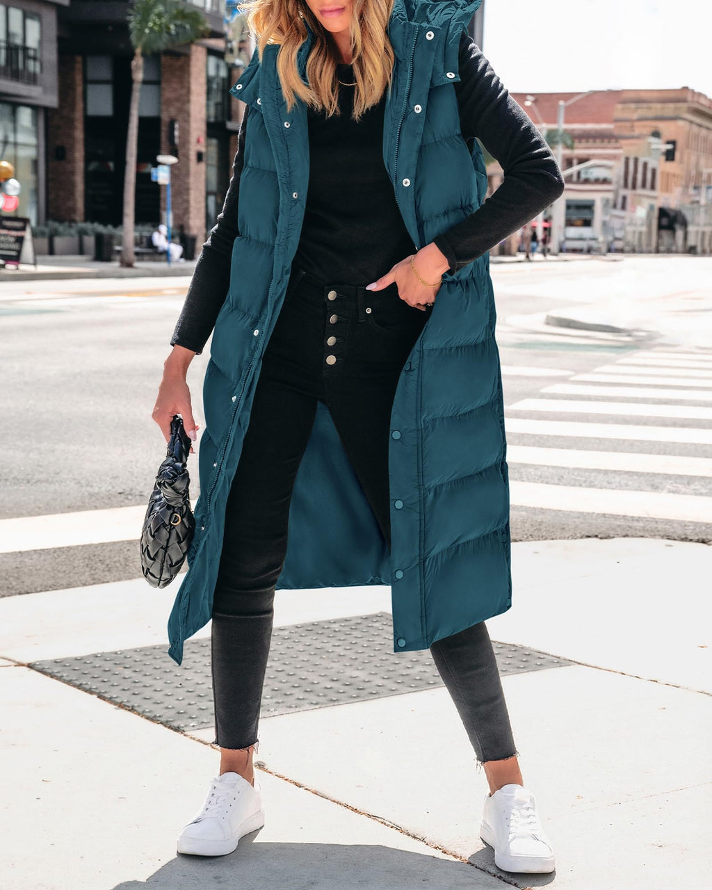 BTFBM Long Puffer Vest Women Quilted Hooded Button Down Zip Up Sleeveless Vests Outerwear Padded Jacket Fall Winter Coat