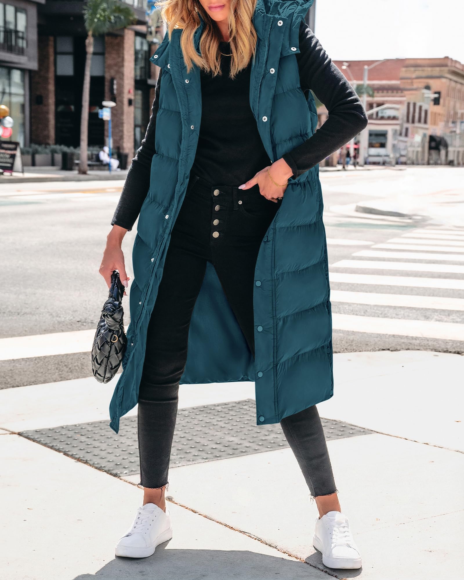BTFBM Long Puffer Vest Women Quilted Hooded Button Down Zip Up Sleeveless Vests Outerwear Padded Jacket Fall Winter Coat
