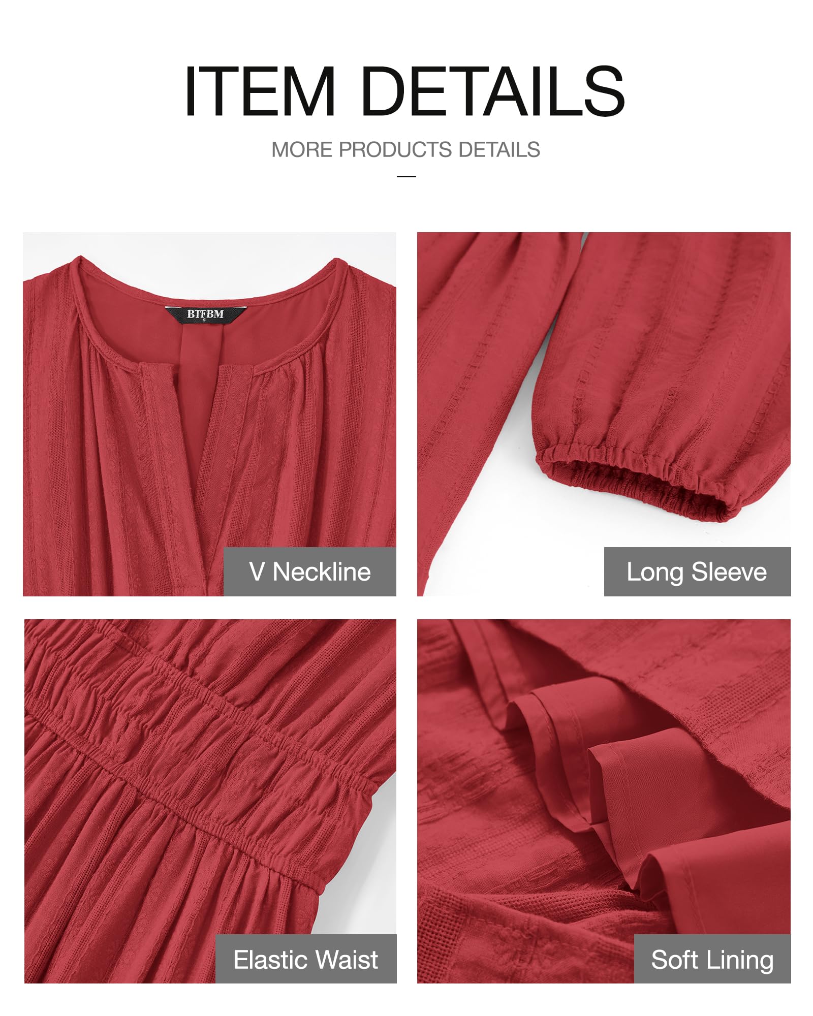 BTFBM Spring Dresses for Women 2026 Casual Long Sleeve V Neck Elastic Waist Lightweight Maxi Wedding Guest Dress Pockets