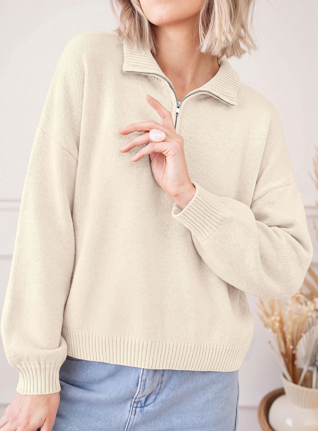 PRETTYGARDEN Women's Quarter Zip Pullover Oversized Sweaters Collared Neck, Long Balloon Sleeve, Jumper Tops, Soft Cozy Knit, Ribbed Hem, Loose Fit, Fall Outfits, Winter Fashion Clothing