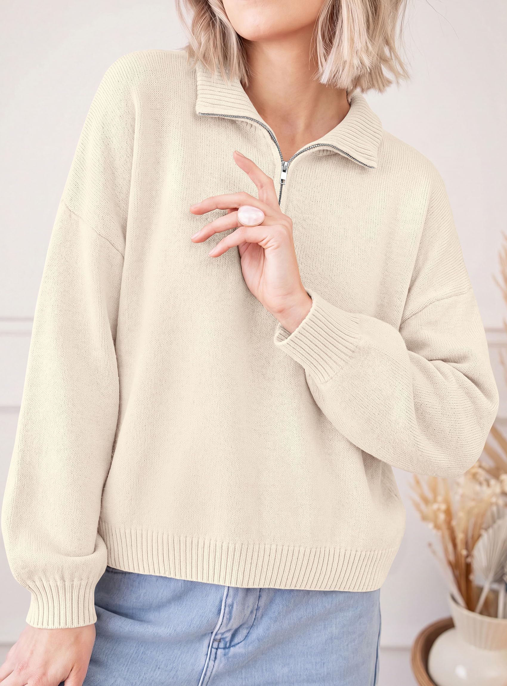 PRETTYGARDEN Women's Quarter Zip Pullover Oversized Sweaters Collared Neck, Long Balloon Sleeve, Jumper Tops, Soft Cozy Knit, Ribbed Hem, Loose Fit, Fall Outfits, Winter Fashion Clothing