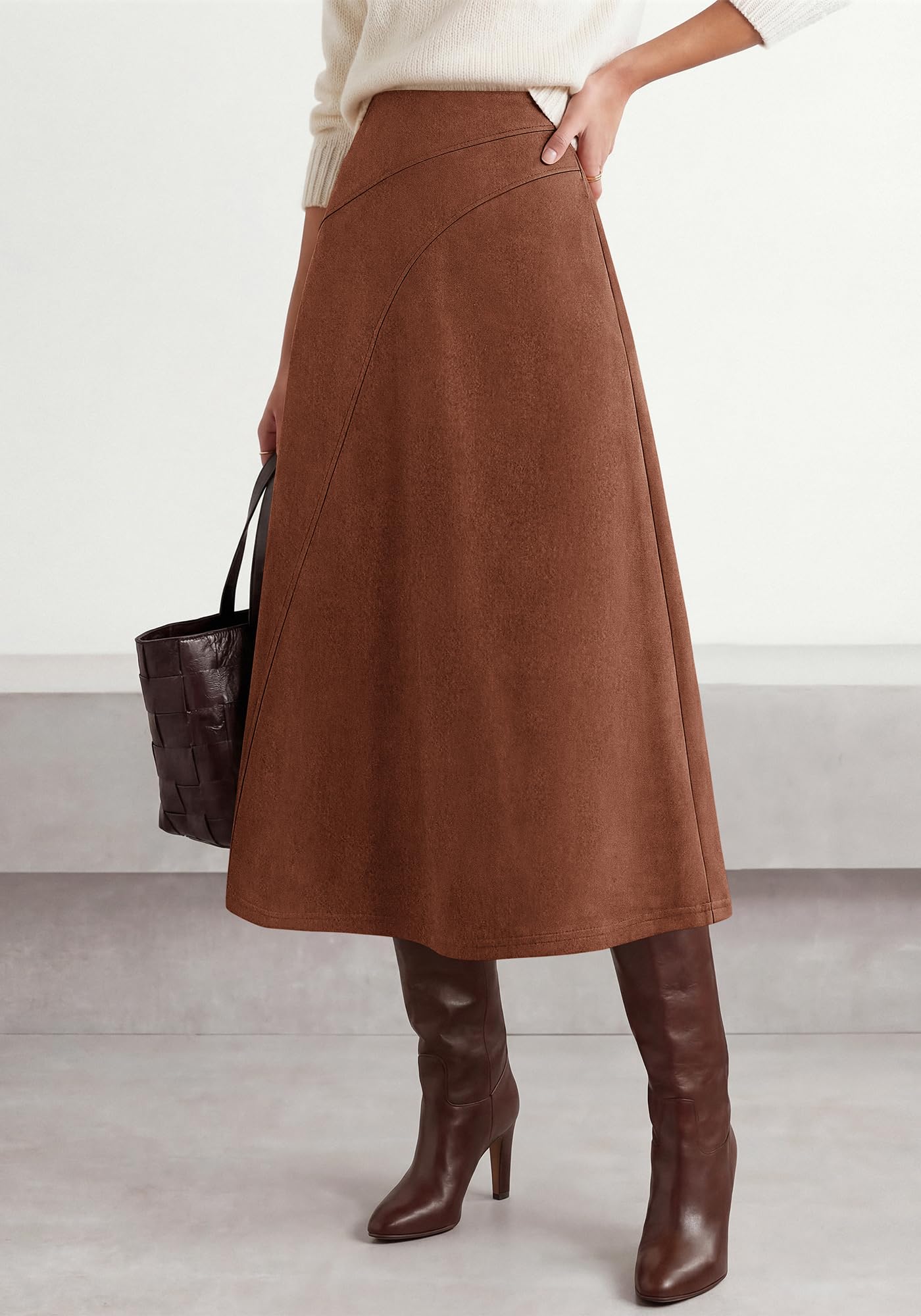 BTFBM Women Faux Suede Midi Long Skirt Fall Fashion | High Waisted Skirts For Women Trendy, Lightweight, Back Elastic, Arc Line Design, A-Line, Winter Dress, Boho Western Outfits