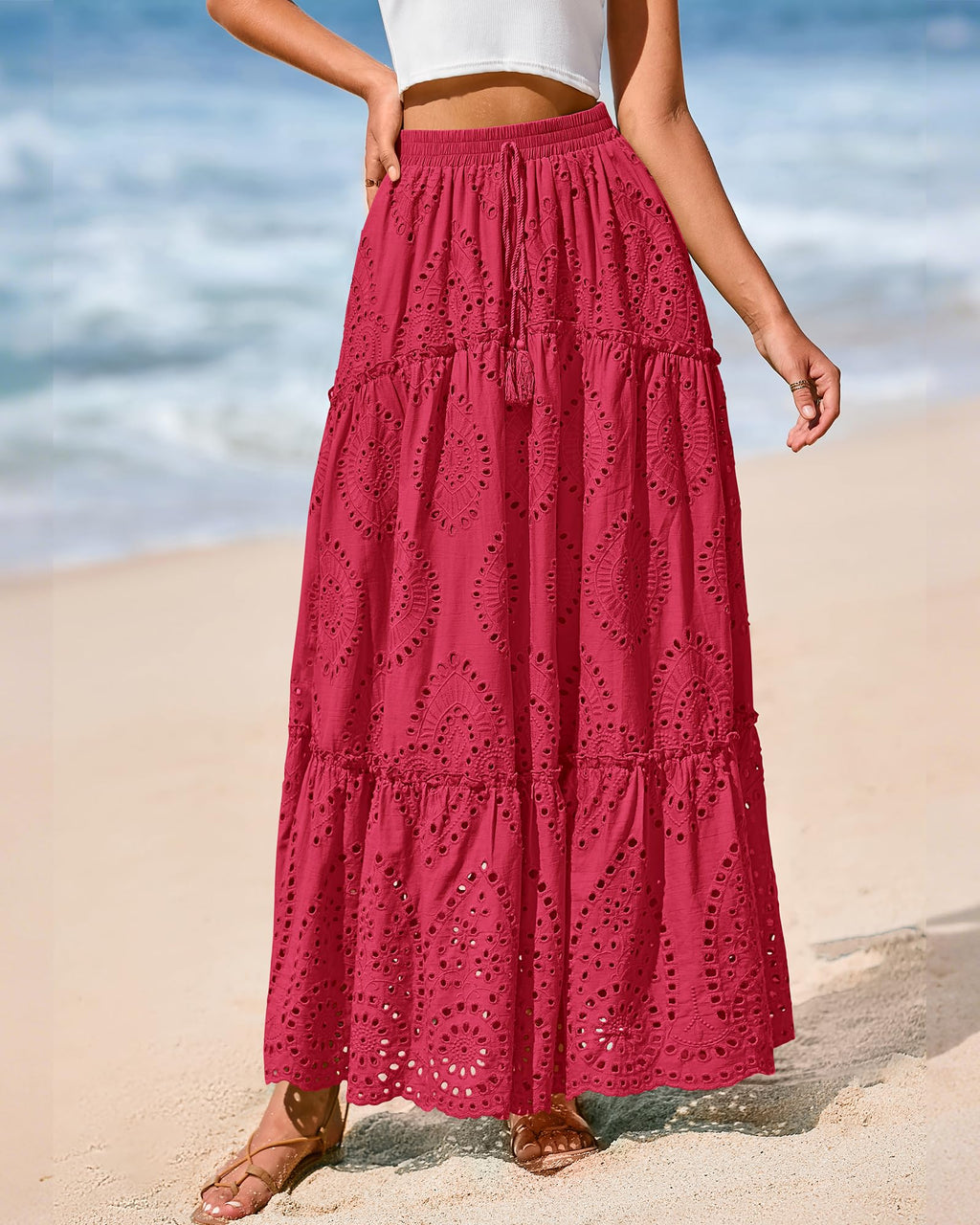 BTFBM Long Skirts for Women Summer Boho Lace Embroidery High Waist Flowy Tiered Spring Maxi Skirt Beach Vacation