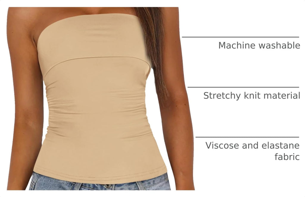 Womens Strapless Tube Tops Spring Summer Clothes Trendy Casual Ruched Stretchy Going Out Bodycon Bandeau Top