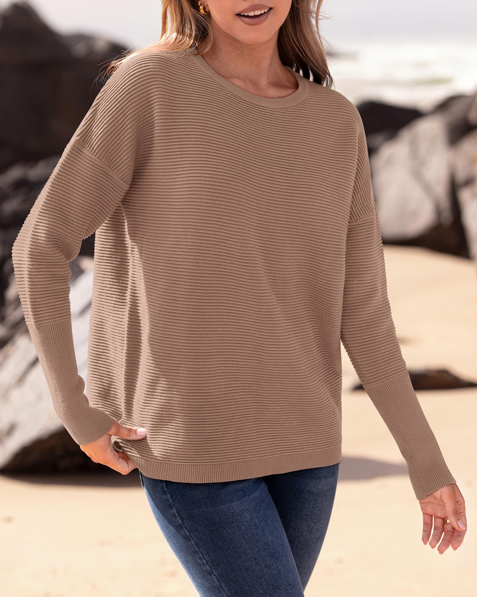 FreshPrettyFall Sweaters for Women Casual Long Sleeve Sweater Striped Loose Fit Pullover Tops