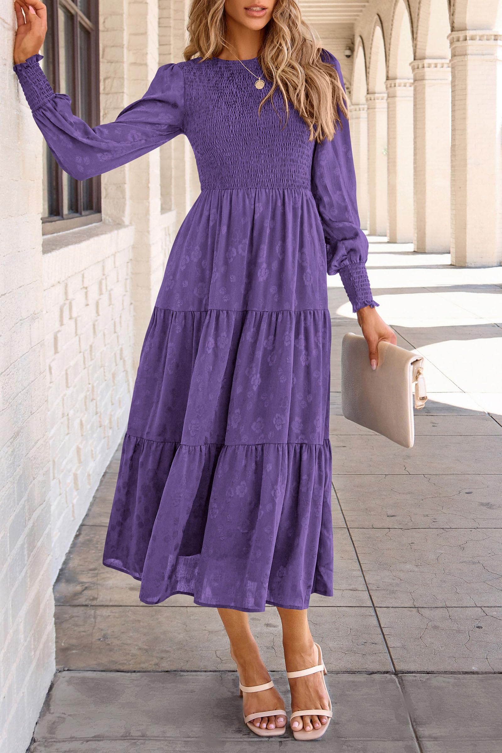 PRETTYGARDEN Women's Fall Spring Midi Dress Long Sleeve Floral Smocked Elegant Wedding Guest Long Flowy Dresses with Pockets