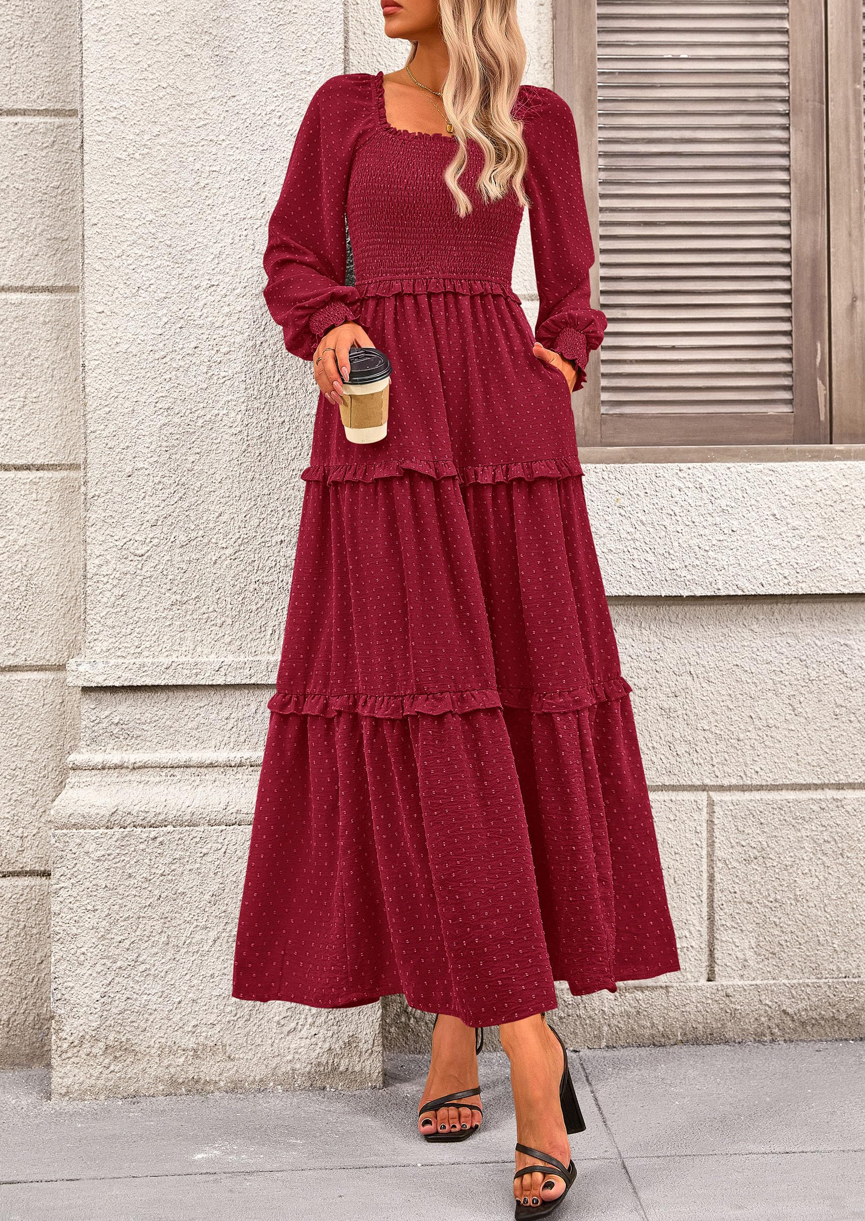 PRETTYGARDEN Fall Dresses for Women Long Sleeve Smocked Square Neck Swiss Dot Tiered Flowy Wedding Guest Maxi Dress