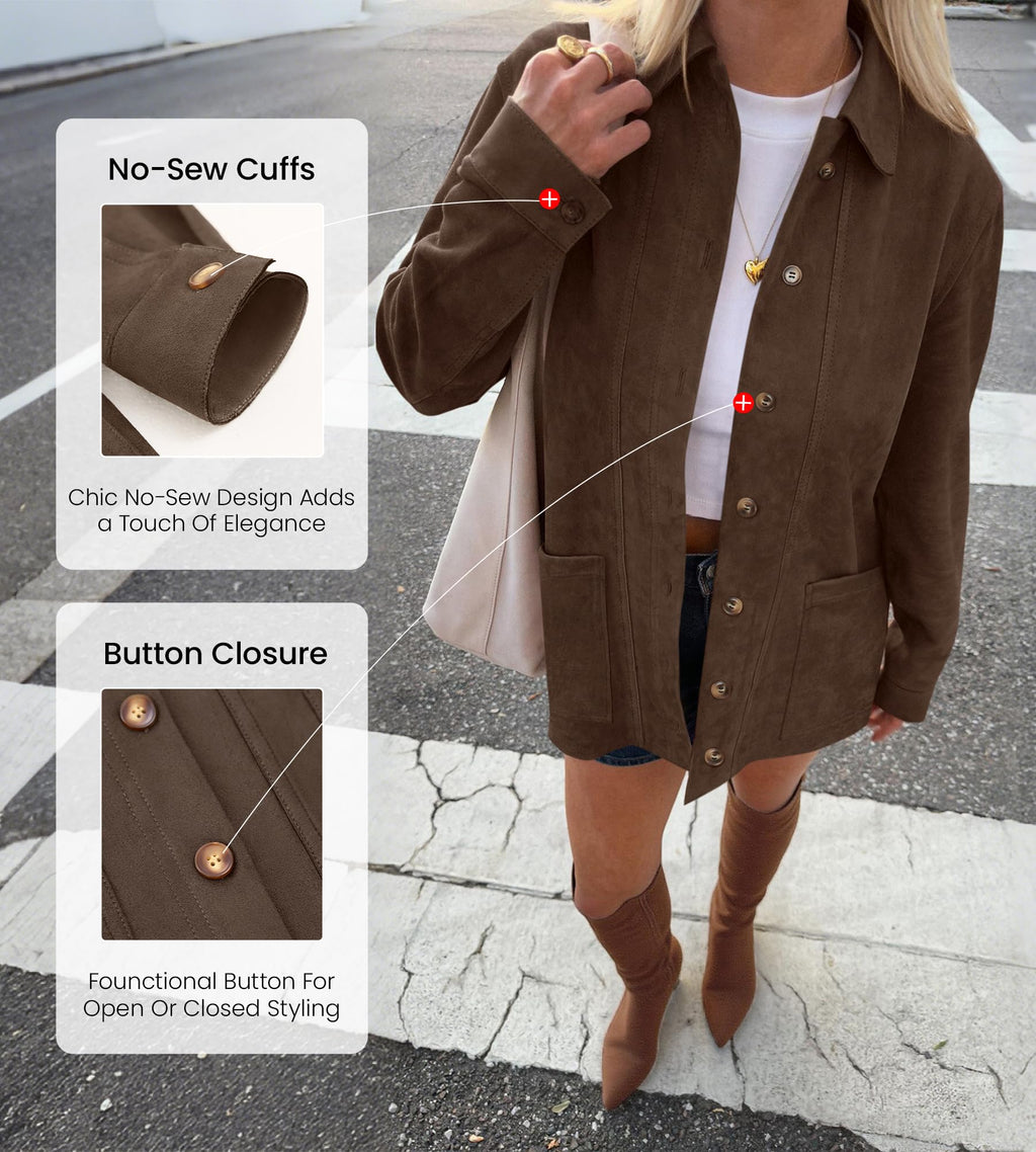 BTFBM Faux Suede Jacket Women Fall Fashion Leather Jackets Long Sleeve Button Down Winter Coats Shackets Outerwear