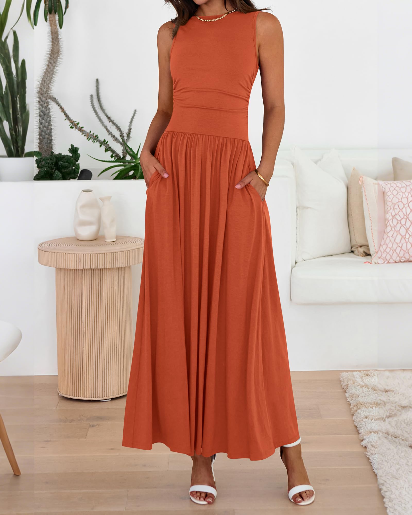 BTFBM Summer Maxi Dresses for Women Spring Sleeveless Casual Ruched High Waisted Long Sundress Flowy Beach Dress