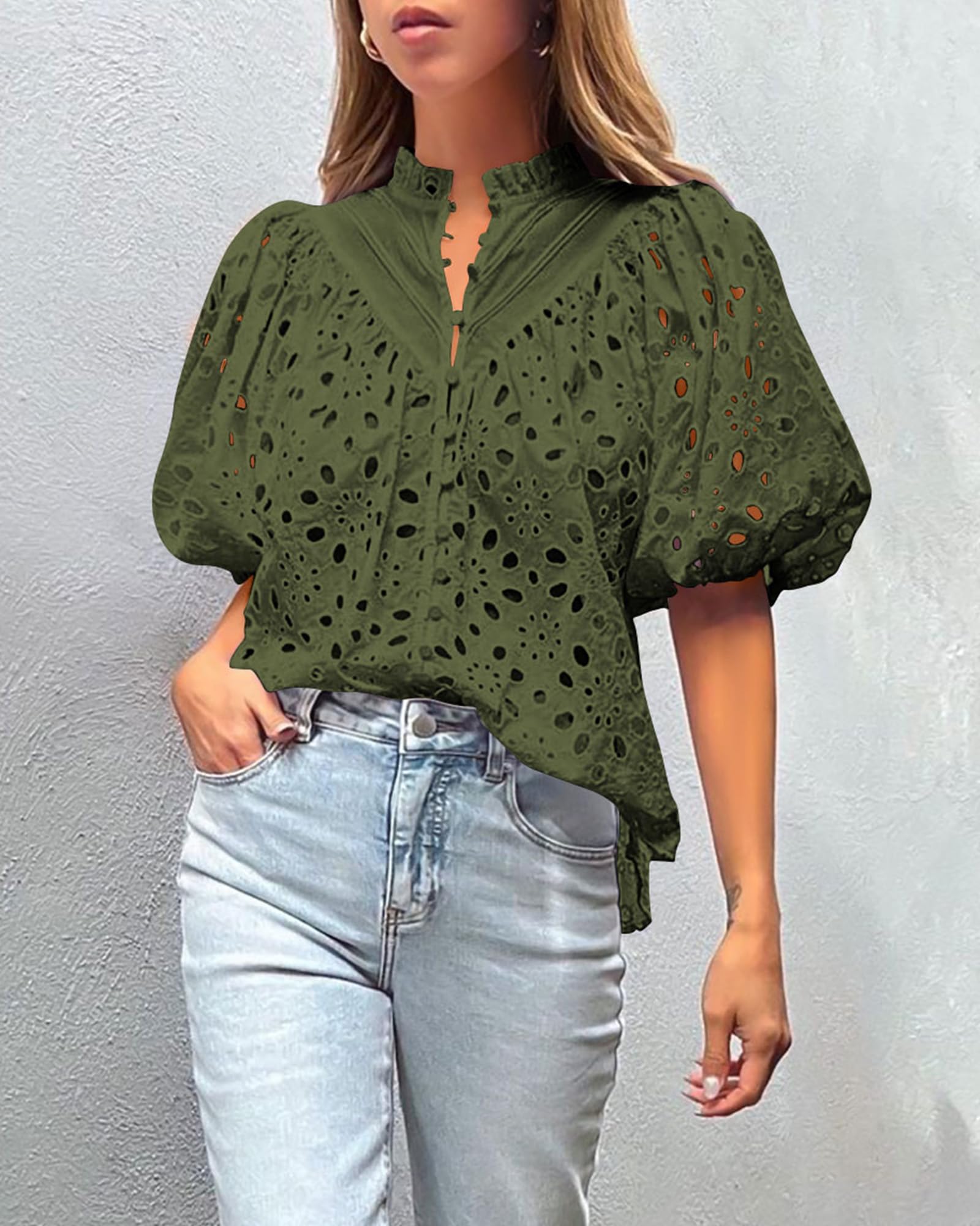 PRETTYGARDEN Women's Summer Tops Dressy Casual Short Sleeve V Neck Buttons Hollow Out Lace Embroidered Blouses Shirts