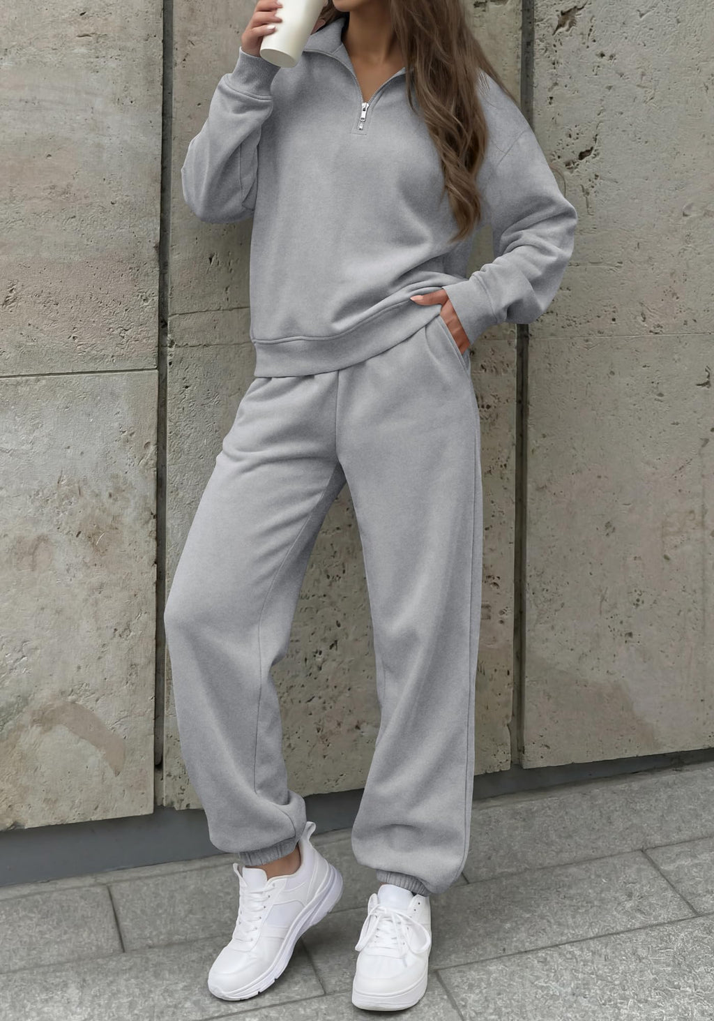 BTFBM Womens 2 Piece Outfits Sweatsuit Fleece Lounge Sets Quarter Zip Pullover Sweatshirt,Baggy Jogger Sweatpants,Fall Fashion Clothing,Airport Travel Matching Sweat Set
