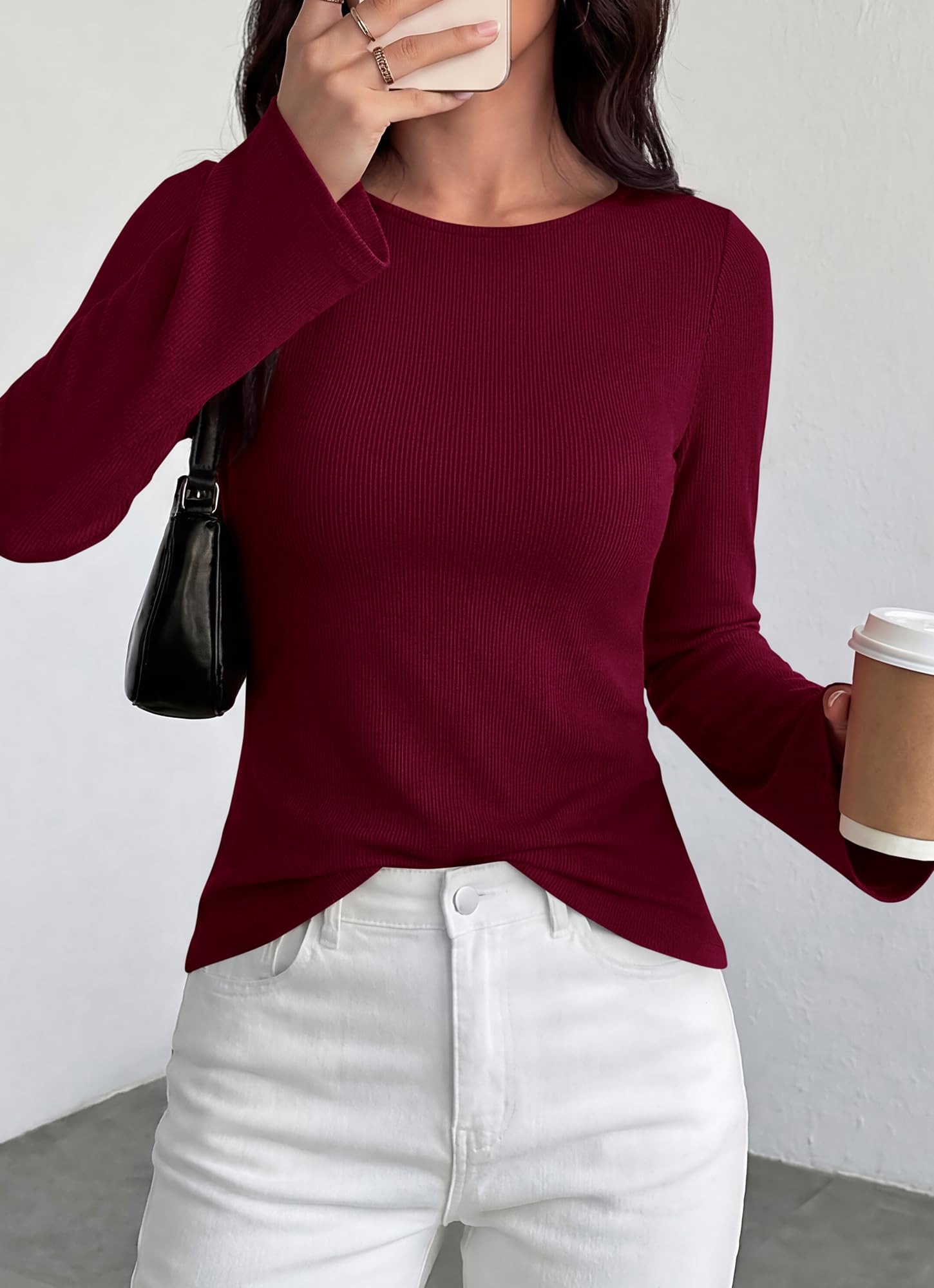 BTFBM Long Sleeve Shirts for Women Spring Y2K Clothes Casual Boat Neck Bell Sleeve Fitted Fall Going Out Tops