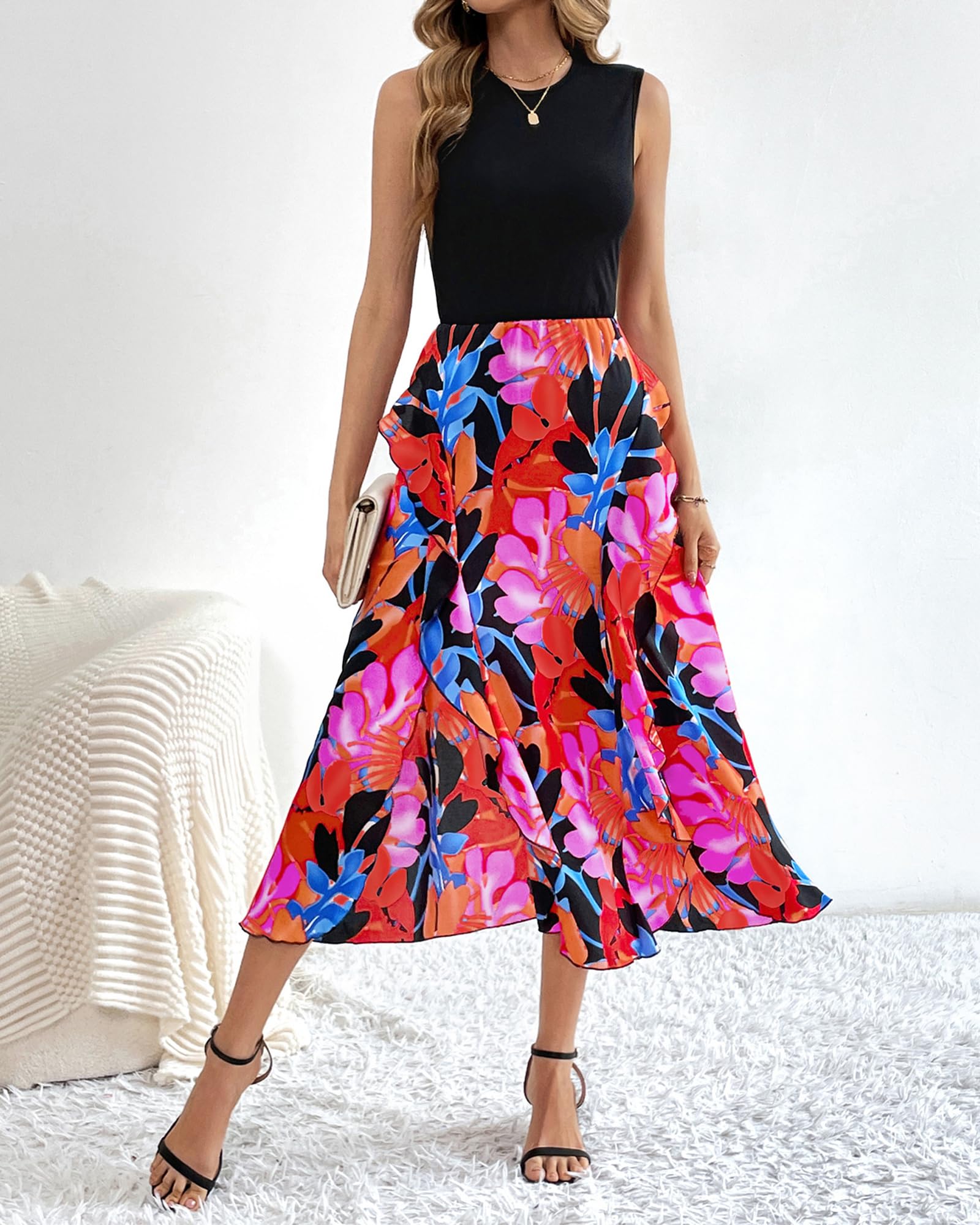 FreshPretty Women Casual Sleeveless Summer Dresses Spring Crewneck Patchwork Boho Floral Ruffle Cocktail Party Midi Dress