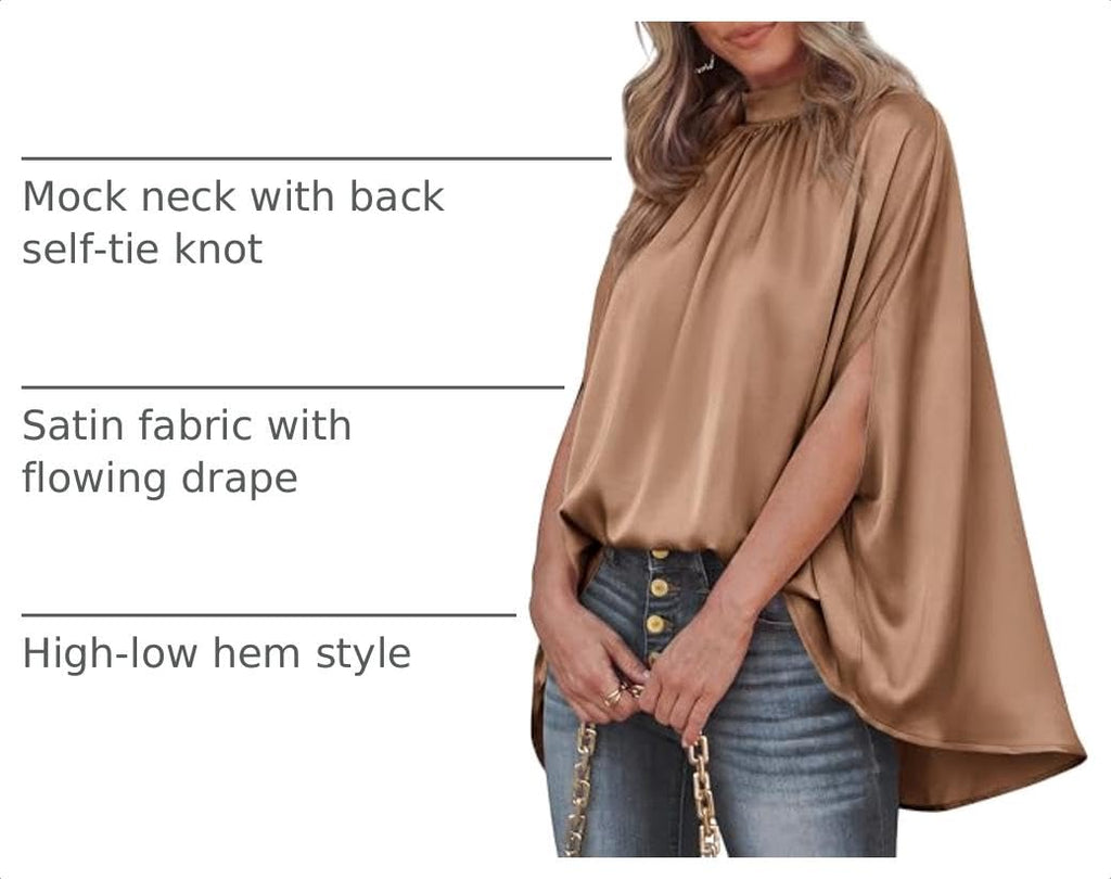 BTFBM Womens Summer Tops Mock Neck Batwing Sleeve Silk Satin Shirts Loose Oversized Dressy Casual Spring Blouses
