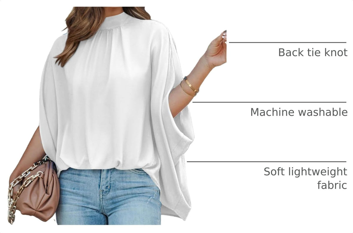 BTFBM Womens Summer Tops Mock Neck Batwing Sleeve Silk Satin Shirts Loose Oversized Dressy Casual Spring Blouses