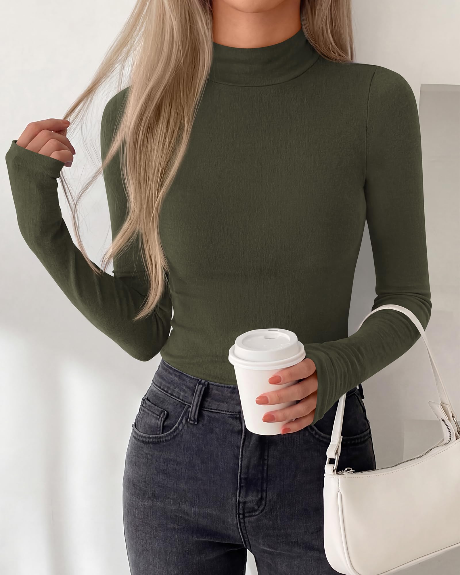 BTFBM Turtleneck Tops for Women Thumbhole Long Sleeve Shirts | Lightweight Fleece Lining, Casual Basic Layering Top, Slim Fit Stretch Winter Thermal Underwear, Fall Fashion Clothing