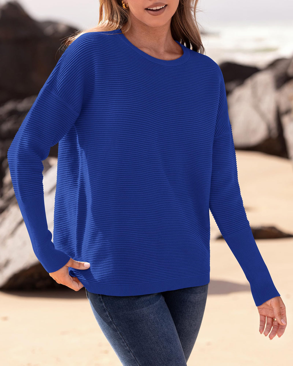 FreshPrettyFall Sweaters for Women Casual Long Sleeve Sweater Striped Loose Fit Pullover Tops