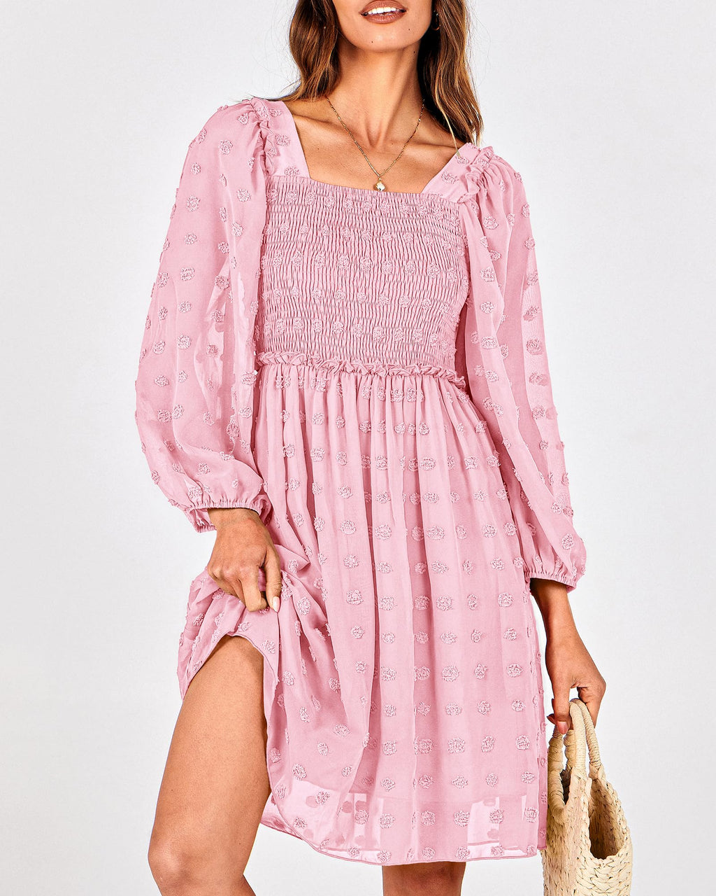BTFBM Womens Long Sleeve Dress Summer Vacation Square Neck Smocked Floral Mini Boho Spring Wedding Guest Dresses