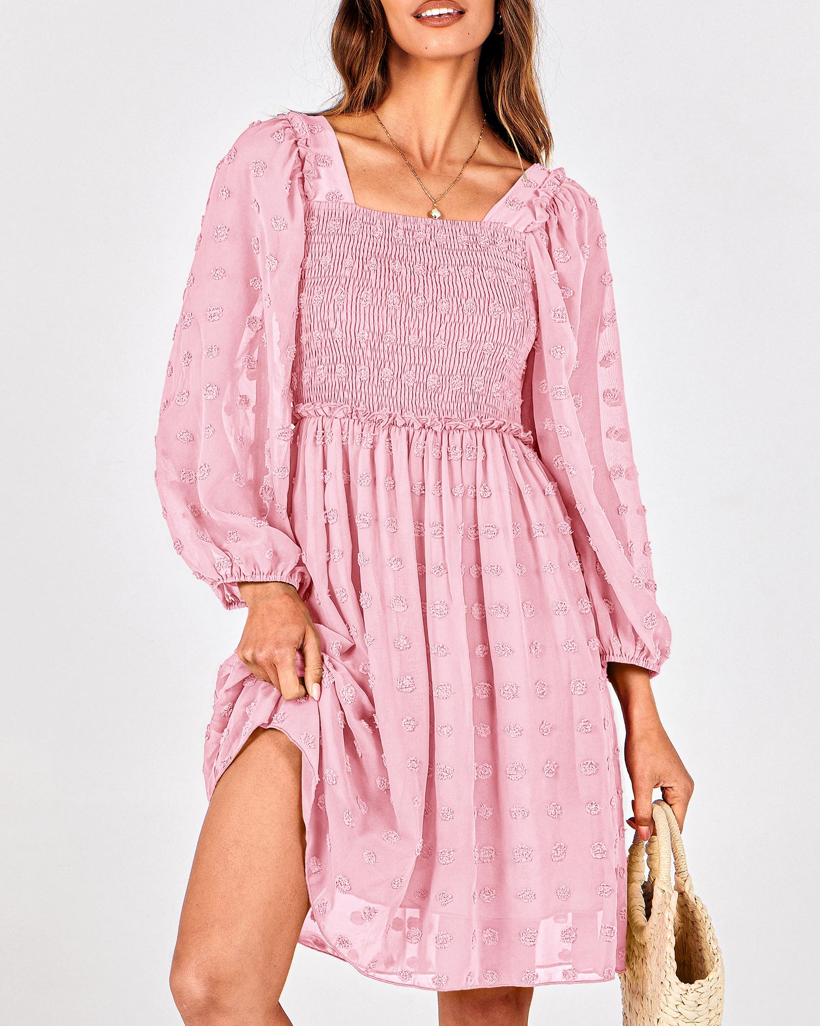 BTFBM Womens Long Sleeve Dress Summer Vacation Square Neck Smocked Floral Mini Boho Spring Wedding Guest Dresses