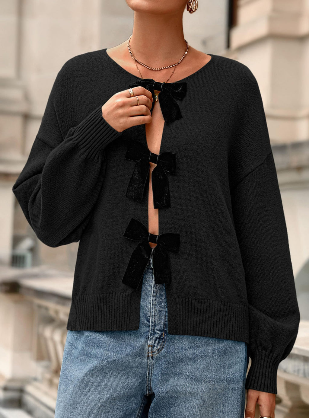 PRETTYGARDEN Cardigan Sweaters for Women Fall Fashion Bow Tie Front Long Sleeve Knit Sweater Tops Cute Winter Clothes