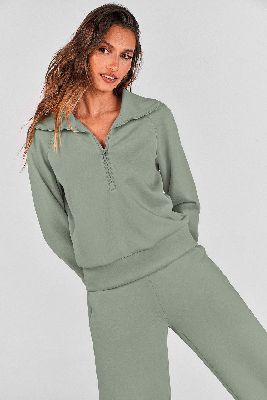 PRETTYGARDEN Women's 2 Piece Outfits Casual Lapel Half Zip Sweatshirts and Wide Leg Pants Tracksuit Sets